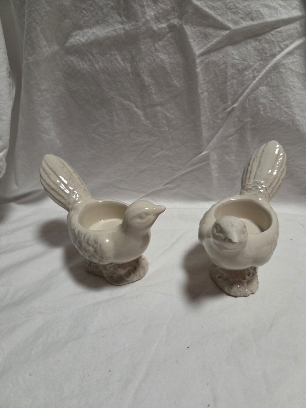 Vtg Yankee Candle GARDEN BIRD Tea Light Holder - White set/ 2 Porcelain 4” Tall